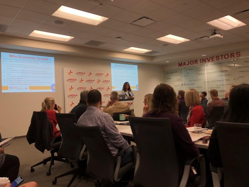 Alyssa Briggs, Director of the Global STEM Ecosystems Community of Practice leads 40+ Lincoln businesses through a strategic planning process at the Chamber of Commerce.
