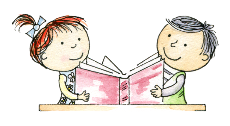 Illustration of kids reading a book