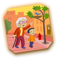 Grandma and child walking illustration