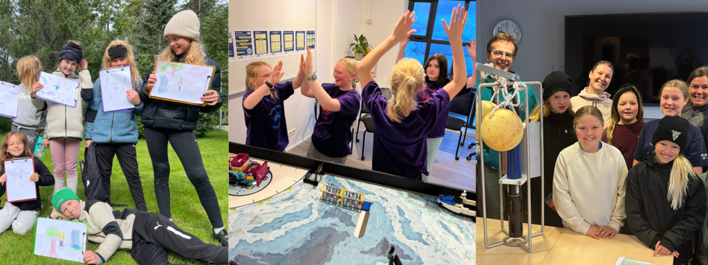 Three connected images of STEM Húsavík activities: students displaying artwork outdoors, youth celebrating over a topographical model, and students posing with scientific equipment, showing diverse hands-on learning experiences.