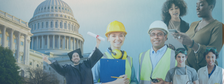 Composite image showing diverse STEM careers with US Capitol building background, featuring graduates, construction workers, and young professionals.