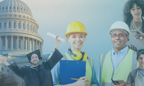 Composite image showing diverse STEM careers with US Capitol building background, featuring graduates, construction workers, and young professionals.