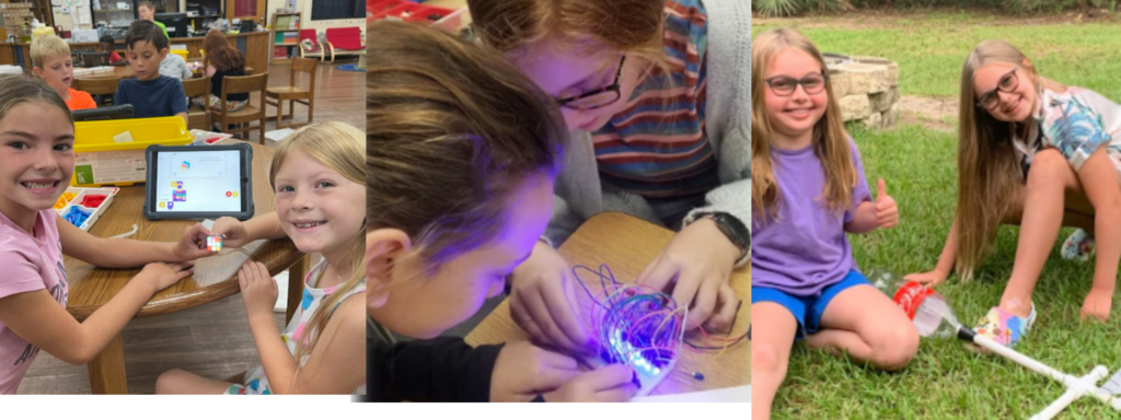 A three-panel image showing students engaged in STEM activities: left panel shows two students working with a tablet and educational materials, middle panel shows a student working with glowing electronics or circuitry, and right panel shows two students doing an outdoor science activity.